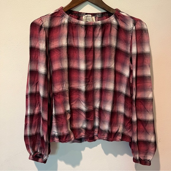 Cloth and Stone for Anthro Glacier Plaid Blouse Balloon Sleeve Elastic Hem - Picture 3 of 9